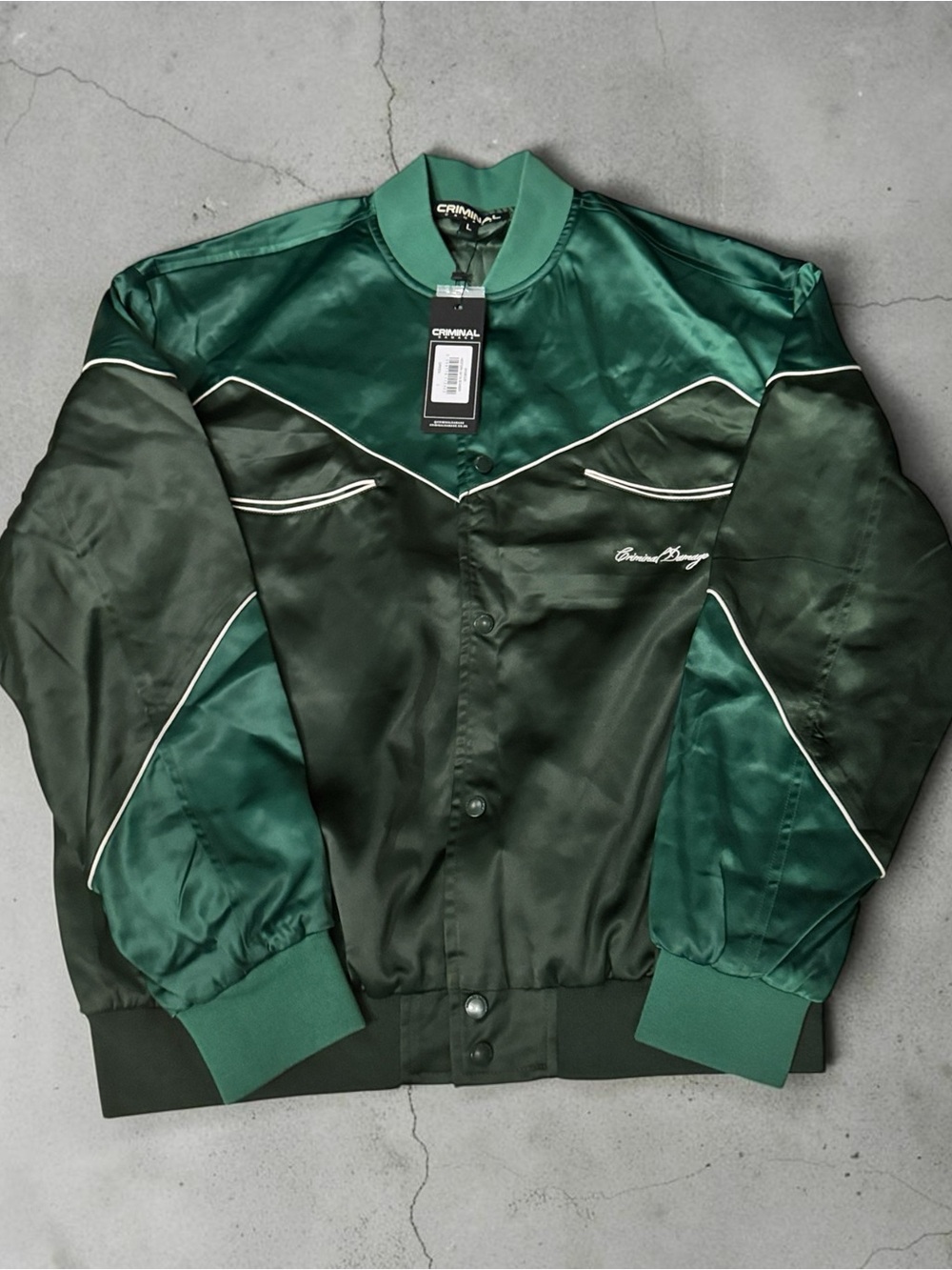 Criminal Damage Green Satin Panel Bomber Jacket